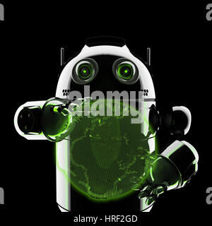 Android holding a glowing earth globe. Rendered on black background Stock Photo