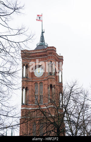 Tower of the Rote Rathaus (Red city hall) viewed from Alexanderplatz, Berlin, Germany Stock Photo