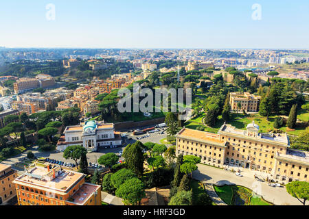 View over the Vatican garden with Stazione Ferroviaria Vaticano, Vatican railway station, the Palace of Justice and the Civil Administration building Stock Photo