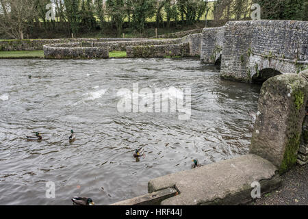 Sheepwash Bridge and washfold pens at Ashford in the Water, White Peak, Derbyshire Stock Photo