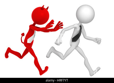 Businessman running away from Businessdevil. Isolated Stock Photo