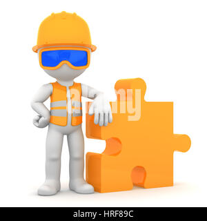 Industrial worker with piece of puzzle. Building concept. Isolated on whiye background Stock Photo