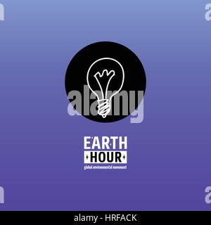 Earth Hour is a Global Environmental Movement. Vector icon with text. Concept of energy saving and stopping climate change. Turned off bulb lamp on da Stock Vector