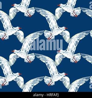 Gull flight bird and seabird . Sea. Seamless pattern Stock Vector