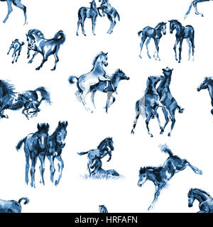 Seamless background with playing mares and foals, oriental ink painting in blue tones. Isolated on white background. Stock Photo