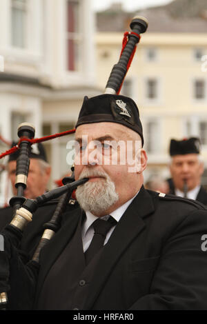 Bag Piper of the City of Liverpool Pipes and Drums Band at Llandudno Victorian Festival in North Wales Stock Photo