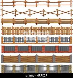 Different seamless wood and brick fences. Vector. Stock Vector