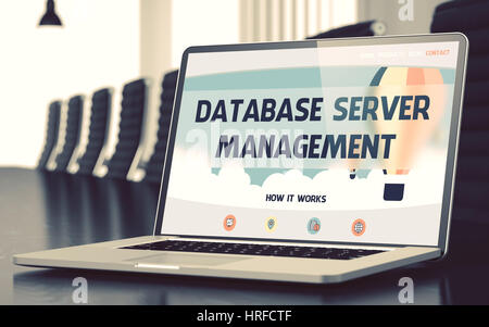 Database Server Management Concept. Closeup of Landing Page on Mobile Computer Display in Modern Conference Hall. Toned Image with Selective Focus. 3D Stock Photo