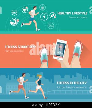 Fitness, technology and runners race banners set Stock Vector