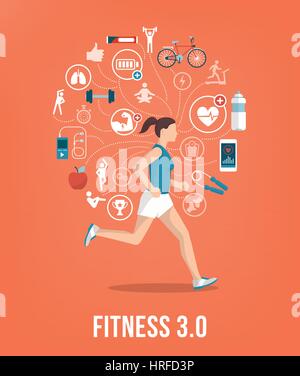 Athletic young woman running surrounded by fitness concepts and icons Stock Vector