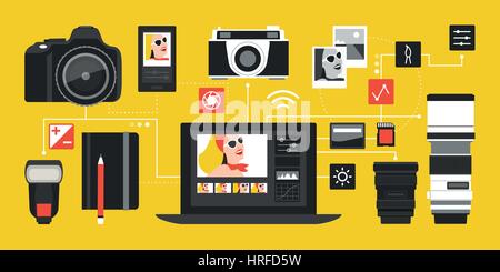 Photography and photo editing concept: camera, laptop and photography equipment connecting together Stock Vector