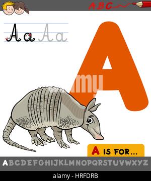 Educational Cartoon Illustration of Letter A from Alphabet with Armadillo Animal Character for Children Stock Vector