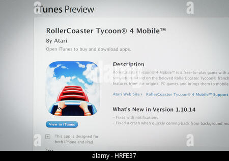 The popular RollerCoaster Tycoon game is seen in the iTunes App Store on 1 March, 2017. Recenlty the newer version, the Touch version went on sale in  Stock Photo