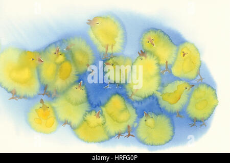 Watercolor painting with yellow chickens on blue background. Easter card background Stock Photo