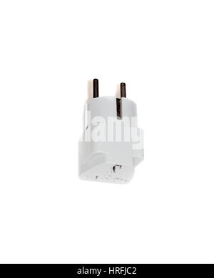 Close up universal American to European travel adapter converter plug. UK and USA to EU converter plug adapter outlet. Object isolated on white backgr Stock Photo