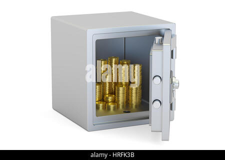 Safe Box With Golden Coins, 3D rendering isolated on white background Stock Photo