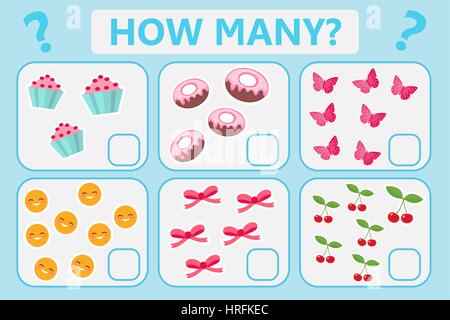 Childrens educational logic game. Mathematical task. How many. Vector illustration. Stock Vector