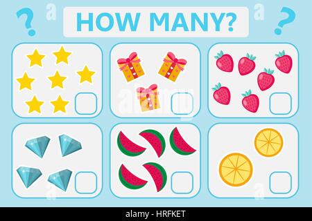 Childrens educational logic game. Mathematical task. How many. Vector illustration. Stock Vector