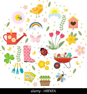 Spring icons set in round shape, flat style. Gardening cute collection of design elements, isolated on white background. Nature clip art. Vector illustration. Stock Vector