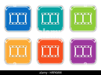Set of squared colorful buttons with movie symbol in blue, green, yellow, orange and purple colors Stock Photo