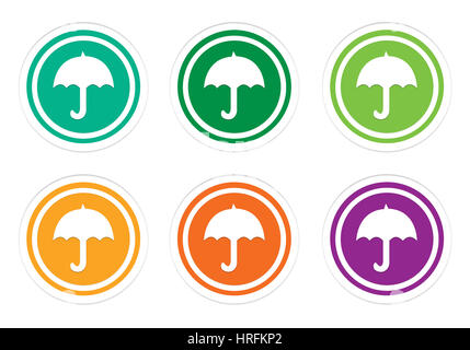 Colorful rounded icons with umbrella symbol in green, yellow, orange and purple colors Stock Photo
