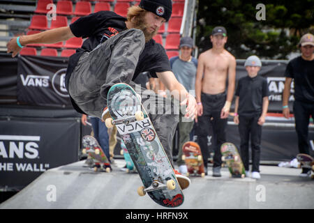 Sydney, Australia. 02nd Mar, 2017. Skateboarders look on during practice in the Vans Pro Bowl during the Vans Park Series terrain skateboarding world championship tour as fans watch during the 6th day of the Australian Open of Surfing in Manly Beach, Australia. Credit: Hugh Peterswald/Pacific Press/Alamy Live News Stock Photo