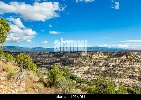 From a stretch of Scenic Route 12 known as 'The Hogback,' tree lined Boulder Creek meanders past Durffey Mesa in the Grand Staircase - Escalante Natio Stock Photo