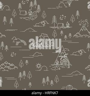 Pattern with hiking and landscape elements Stock Vector