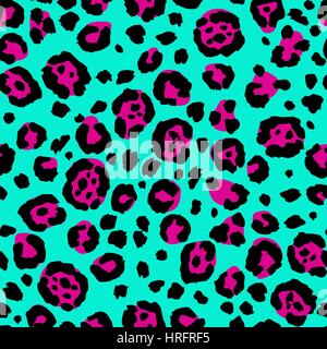 Vector seamless leopard print. Animal skin pattern. Spots of wild animals hand painted watercolor ornament. Magenta and mint tones. Stock Vector