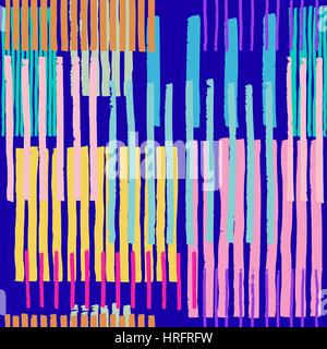 Striped geometric seamless vector pattern. Hand drawn uneven vertical stripes, free layout. Vibrant neon tones on indigo blue background. Stock Vector