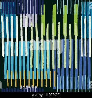 Striped geometric seamless vector pattern. Hand drawn uneven black stripes on colorful rectangles, free layout.Tones of pine-wood on dark green. Stock Vector