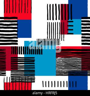 Striped geometric seamless pattern.  Hand drawn uneven black stripes on colorful rectangles, free layout. Red and blue sporty tones. Textile design. Stock Vector