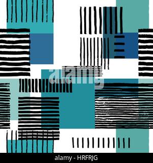 Striped geometric seamless pattern. Hand drawn uneven black stripes on colorful rectangles, free layout. Teal tones. Textile design. Stock Vector