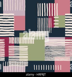 Striped geometric seamless pattern.  Hand drawn uneven stripes on colorful rectangles, free layout. Pink and green tones on navy blue background. Stock Vector
