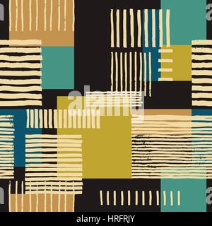 Striped geometric seamless pattern.  Hand drawn uneven stripes on colorful rectangles, free layout. Tones of gold and tile on dark brown background. Stock Vector