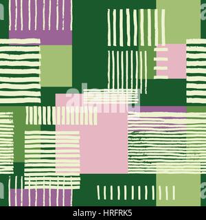 Striped geometric seamless pattern.  Hand drawn uneven stripes on colorful rectangles, free layout. Purple and green tones on green background. Stock Vector