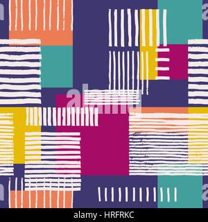 Striped geometric seamless pattern.  Hand drawn uneven stripes on colorful rectangles, free layout. Garden flowers tones on lilac background. Stock Vector