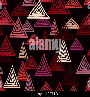 Triangle geometric seamless vector pattern. Hand drawn uneven triangles, free layout, relaxed geometry. Burgundy red colors. Textile design. Stock Vector
