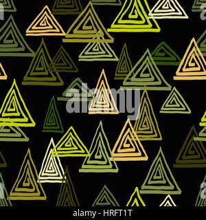 Triangle geometric seamless vector pattern. Hand drawn uneven triangles, free layout, relaxed geometry. Green and black colors. Textile design. Stock Vector