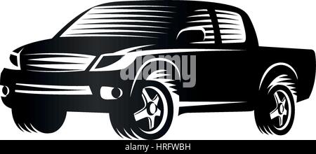 Isolated monochrome engraving style pickup trucks logo, cars logotype, black color automotive vehicle vector illustration Stock Vector