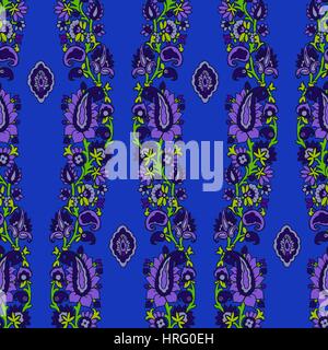 Ethnic floral motif, primitive oriental elements, vertical waves layout. Lilac, green and blue tones. Stock Vector