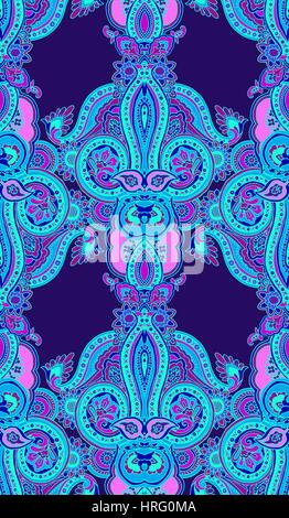 Kaleidoscope abstract geometric seamless paisley pattern. Traditional oriental vertical textile ornament, purple and blue tones. Textile design. Stock Vector