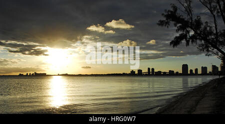 Beautiful panorama of the Miami skyline at sunset, from Key Biscayne Stock Photo