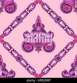 Geometric vector abstract seamless paisley pattern. Traditional textile oriental ornament. Pink tones.Textile design. Stock Vector