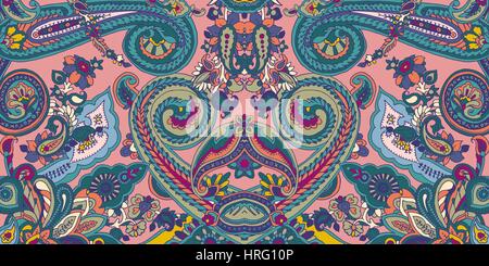 Abstract geometric paisley pattern. Traditional oriental ornament. Vibrant colors on pink background. Textile design. Stock Vector