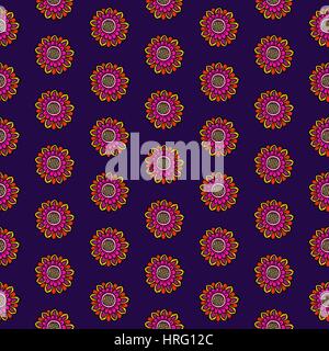 Paisley seamless vector pattern. Ethnic floral motif, primitive oriental flowers, dotted layout, orange yellow and magenta on dark lilac background. Stock Vector