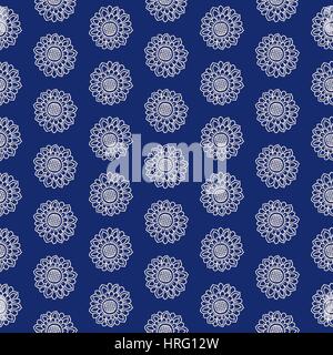 Paisley seamless vector pattern. Ethnic floral motif, primitive oriental flowers, dotted layout, ecru on blue background. Stock Vector
