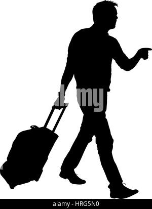 Black silhouettes travelers with suitcases on white background. Vector illustration. Stock Vector