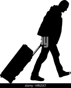 Black silhouettes travelers with suitcases on white background. Vector illustration. Stock Vector