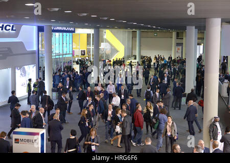 Barcelona, Spain. 28th Feb, 2017. Visitors at the Mobile World Congress in Barcelona, Spain, 28 February 2017. Photo: Andrej Sokolow//dpa/Alamy Live News Stock Photo